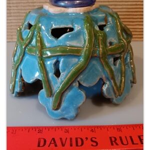 Handmade Ceramic Aquarium Cave - Turquoise with Green Vine Detail